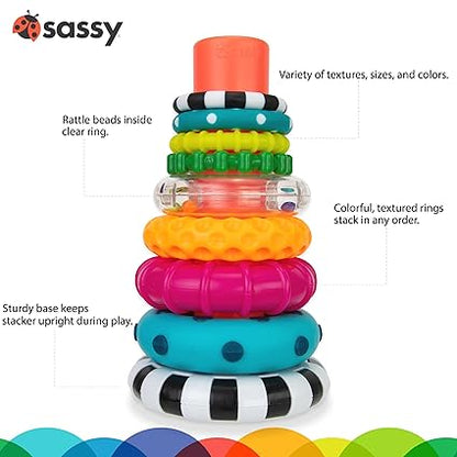 Sassy Stacks of Circles Stacking Ring STEM Learning Toy, Age 6+ Months, Multi, 9 Piece Set